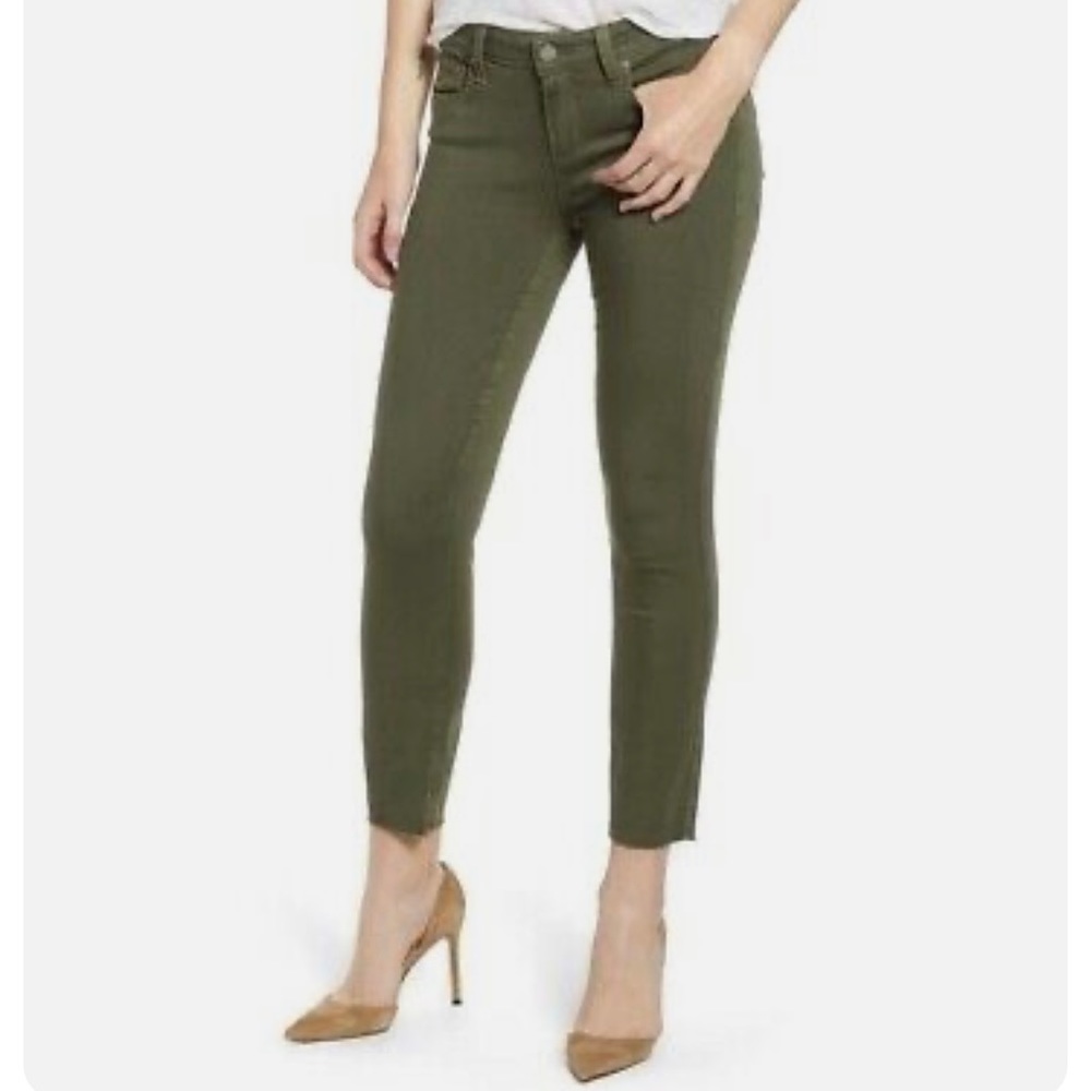 PAIGE "Verdugo" Raw-Edge Skinny Ankle Jeans in Rustic Olive, size 27.